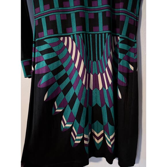 TORY BURCH 100% silk black green geometric aztec stretch fit flare dress - Picture 6 of 9